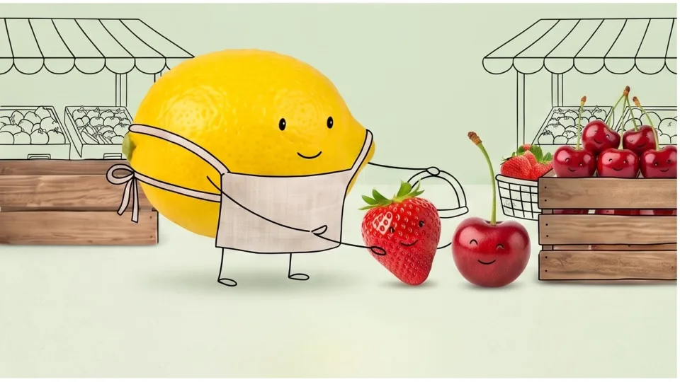 Ilustração de um limão a preparar fruta numa banca de mercado.