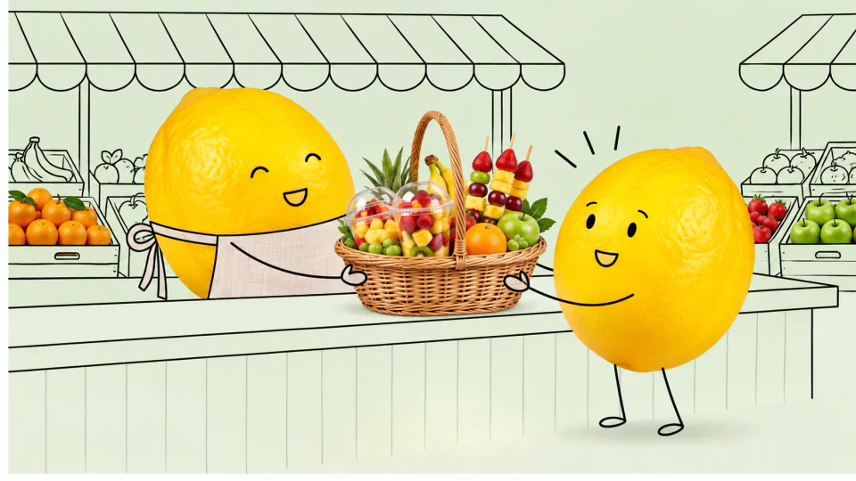 Ilustração de uma cesta pronta para recolha na banca do mercado.